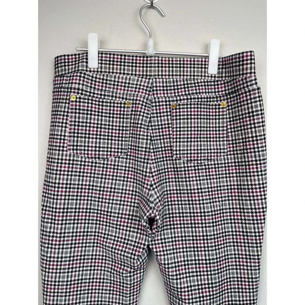 Michael Kors Womens XL Plaid Pull On Pants Pink Black White Gold Hardware Slim